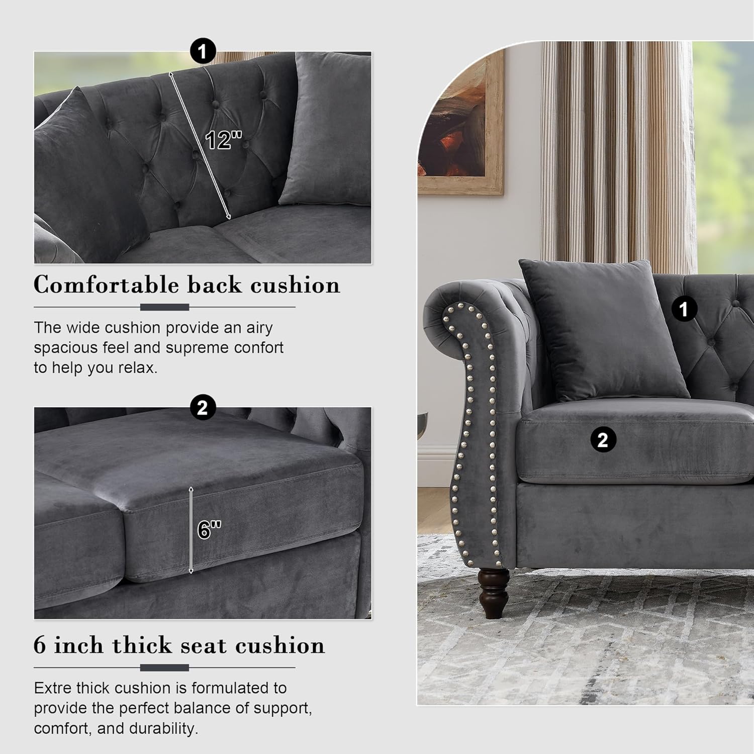 59" Chesterfield Loveseat Velvet Sofa for Living Room,2-Seater Sofa Tufted Couch with Two Pillows,Rolled Arms and Nailhead for Living Room, Bedroom, Office Grey