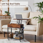 Colima Lift Top End Table with Charging Station and Wheels, Sofa Side Table with USB Port & AC Outlets, Movable Bedside Nightstand with Side Bag for Office Living Room Bedroom(Rustic Wood)