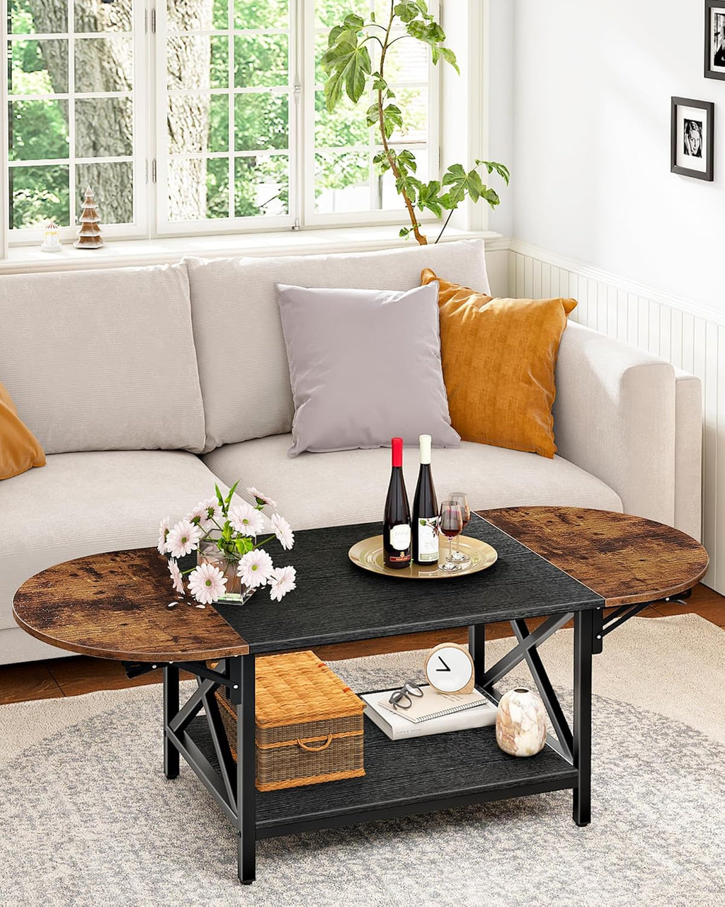 47.2" Folding Coffee Table, 2-Tier Extendable Coffee Table, Vintage Center Table with 2 Drop Leaves, with Storage Shelf, for Living Room, Bedroom, Balcony, Rustic Brown and Black TKF02BF
