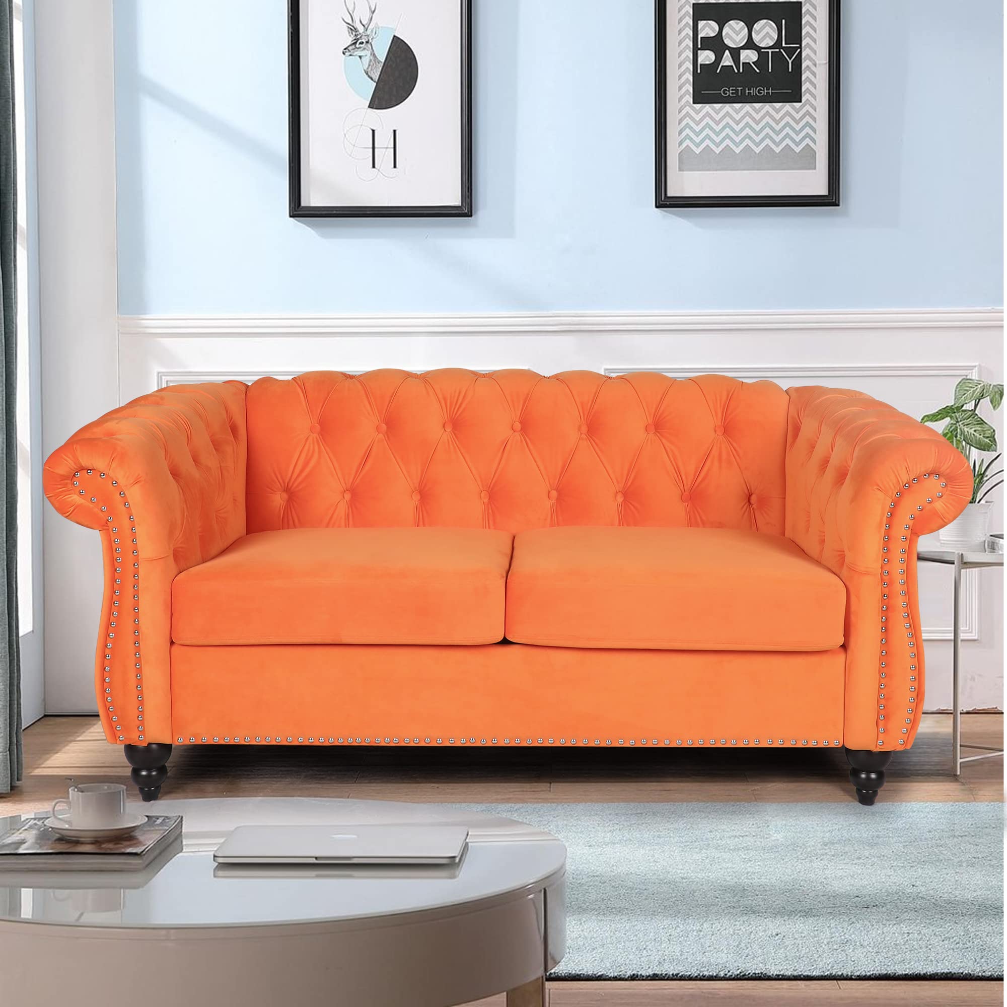 LEVNARY Three-Seat Velvet Sofa, Large Sofa Classic Tufted Chesterfield Settee Modern 3 Seater Couch Furniture Tufted Back for Living Room, Blue