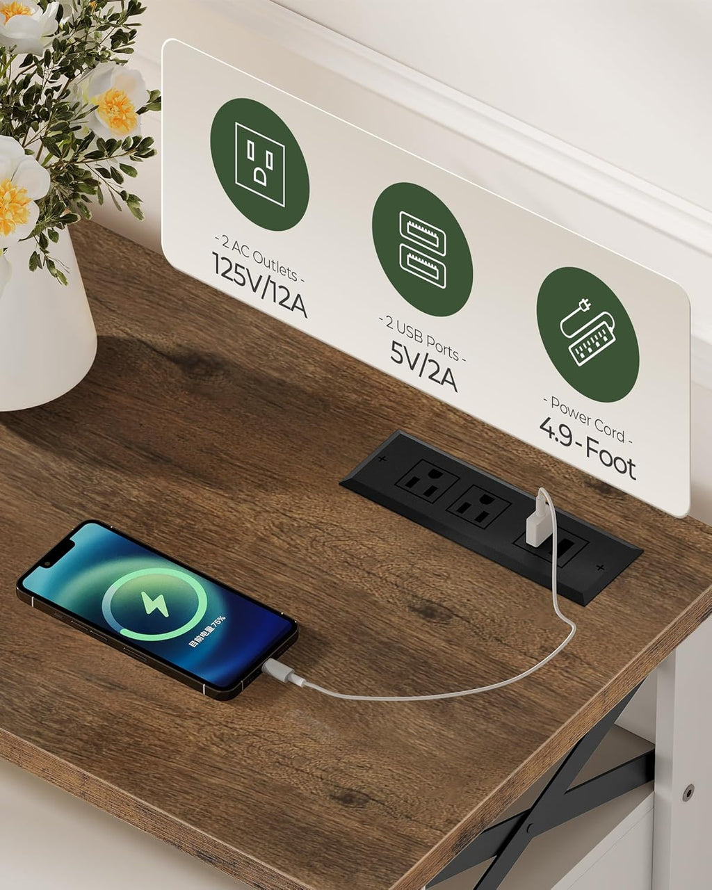 Console Table, Farmhouse Sofa Table with Power Outlet, Entryway Table with Cabinet and Open Shelves, Coffee Bar Cabinet with Storage for Entrance, Hallway, Kitchen, White and Walnut MXG01UWL