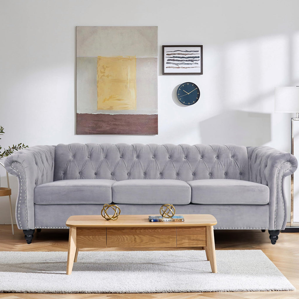 Home Sofa Living Room Furniture, 3 Seater 84" Velvet Upholstered Couch, Mid Century Modern Comfy Couch with Cushions, Classic Tufted Chesterfield Couches for Bedroom, Office, Apartment (Orange)