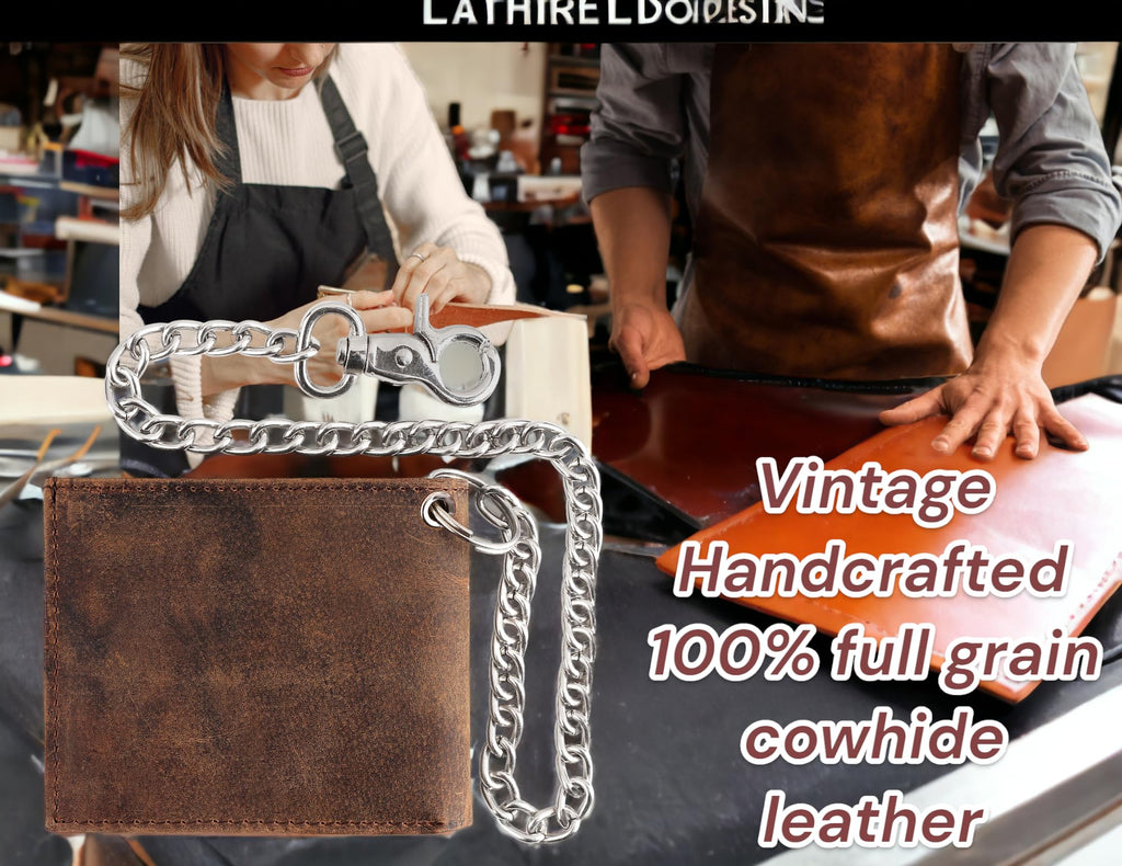 F&L CLASSIC RFID Blocking Mens bi-fold Style Cowhide Leather Steel Chain Wallet, brown vintage leather