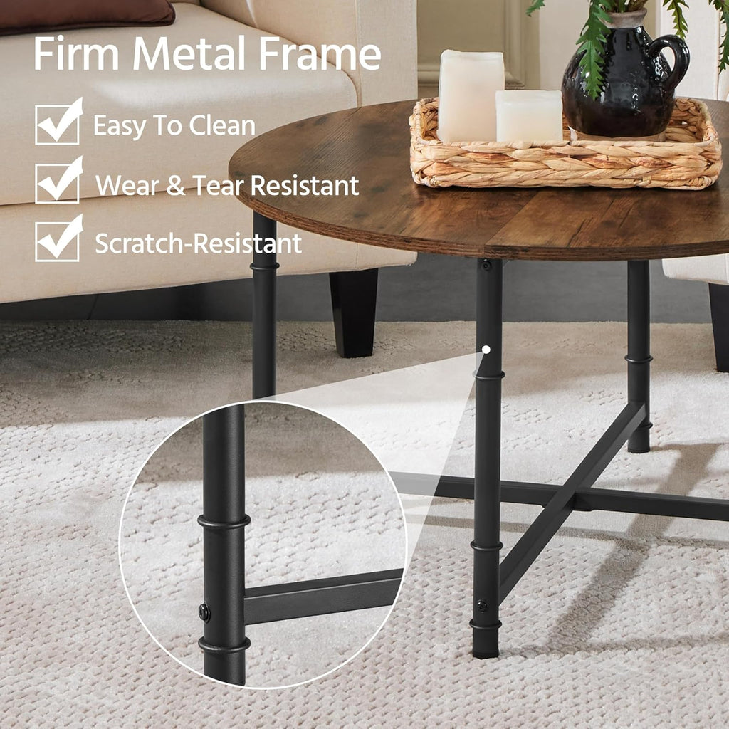 Yaheetech Round Coffee Table, Small Coffee Table with Sturdy Metal Legs for Living Room, Rustic Wood Circle Tables Easy to Assemble, 31.5 x 17.7 Inches