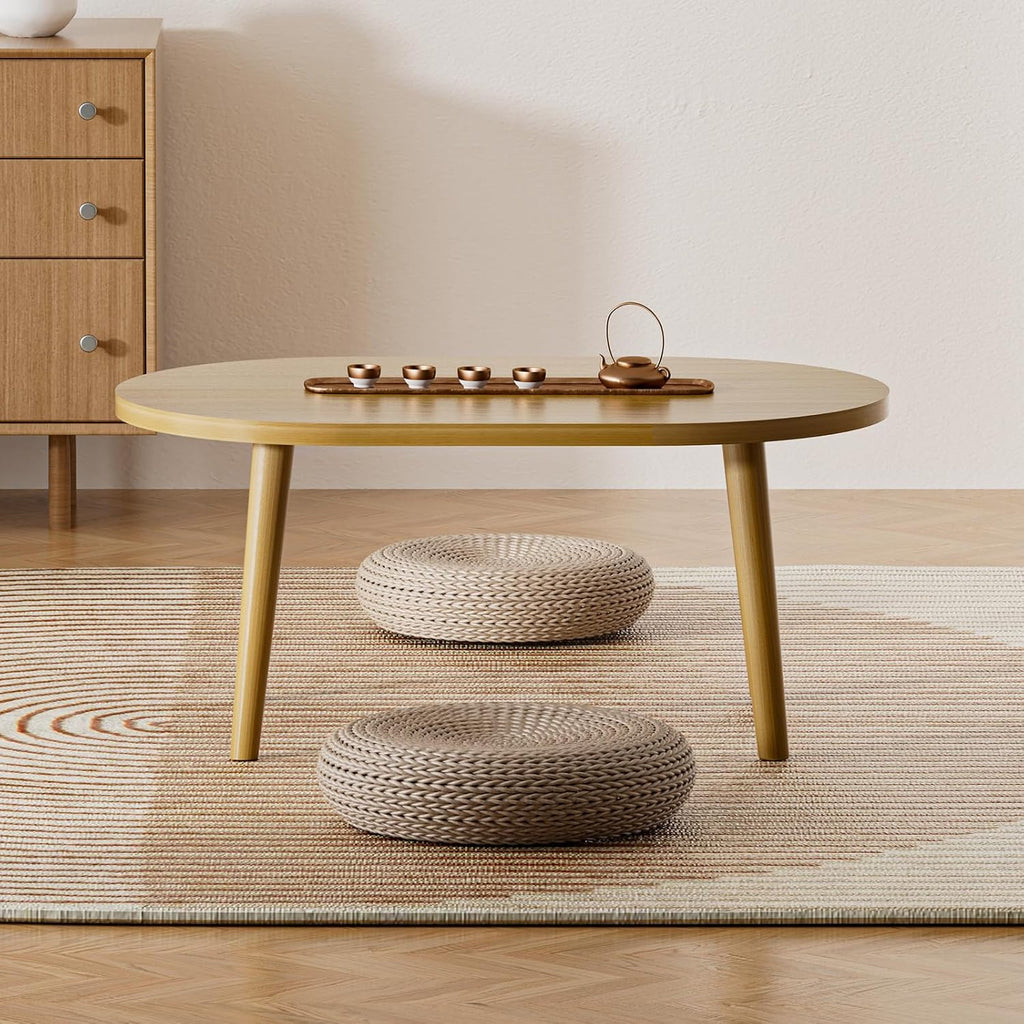Small Coffee Table for Small Space, Low Table, Floor Table Desk for Sitting on The Floor, Japanese Coffee Table for Living Room, Tatami Tea Tables with Solid Wood Legs, Oval Coffee Tables, Brown