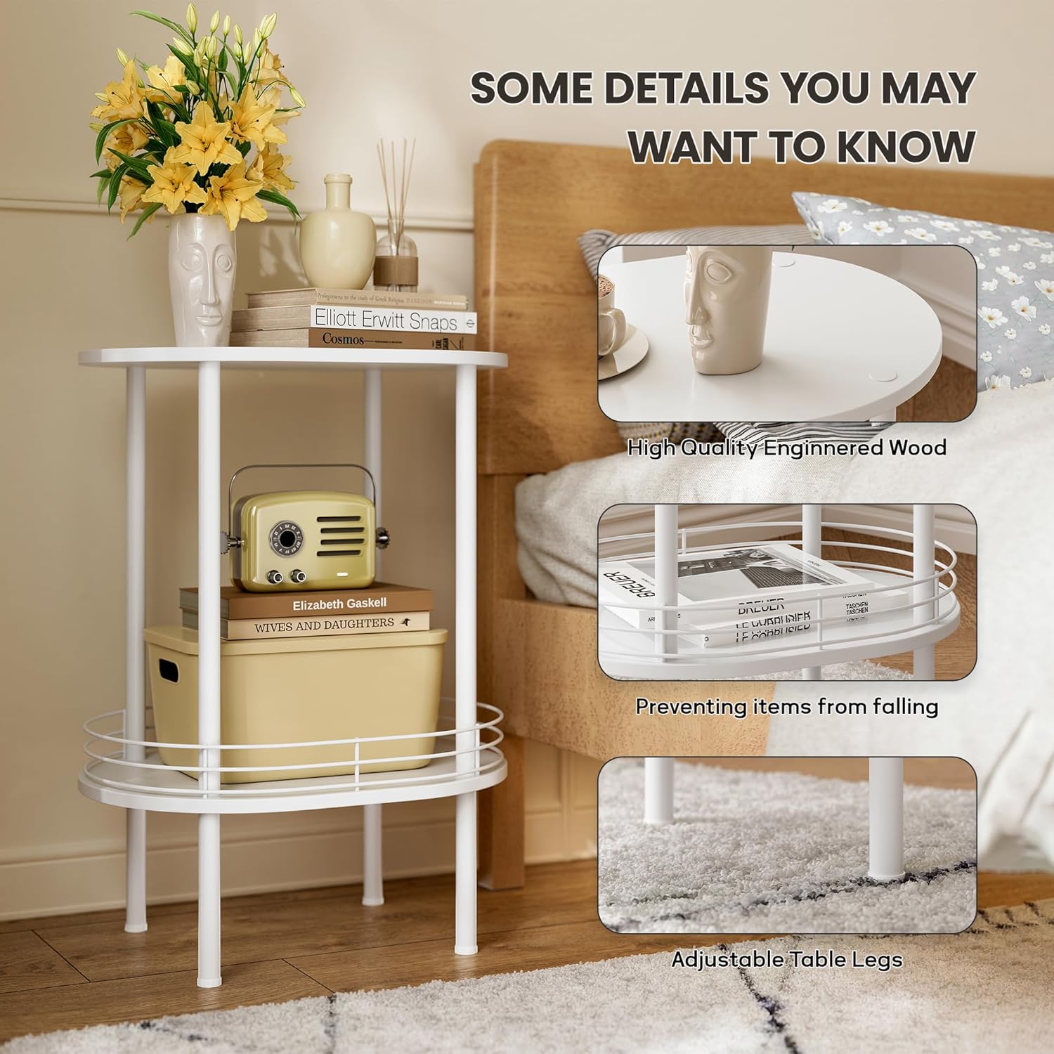 Small Round Side Table,Bedside Table with Storage,Morden Round Nightstand,Samll Side Table for Living Room,Bathroom,Bedroom, Nursery, Laundry, White