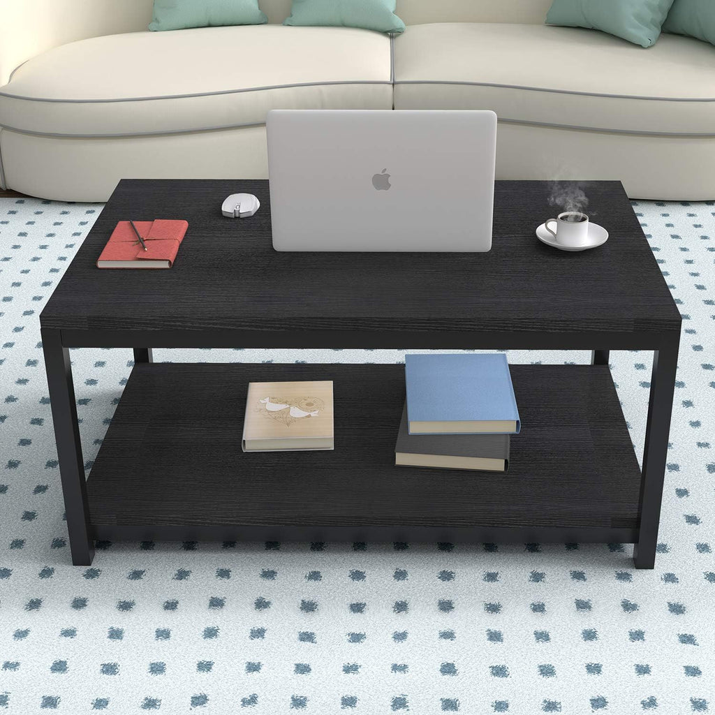 YSSOA Black 2-Tier Coffee Table with Shelf for Living Room and Office