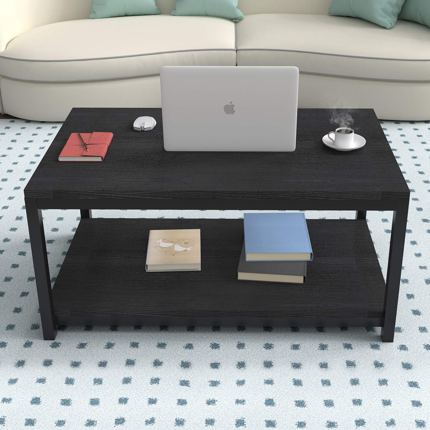 YSSOA Black 2-Tier Coffee Table with Shelf for Living Room and Office