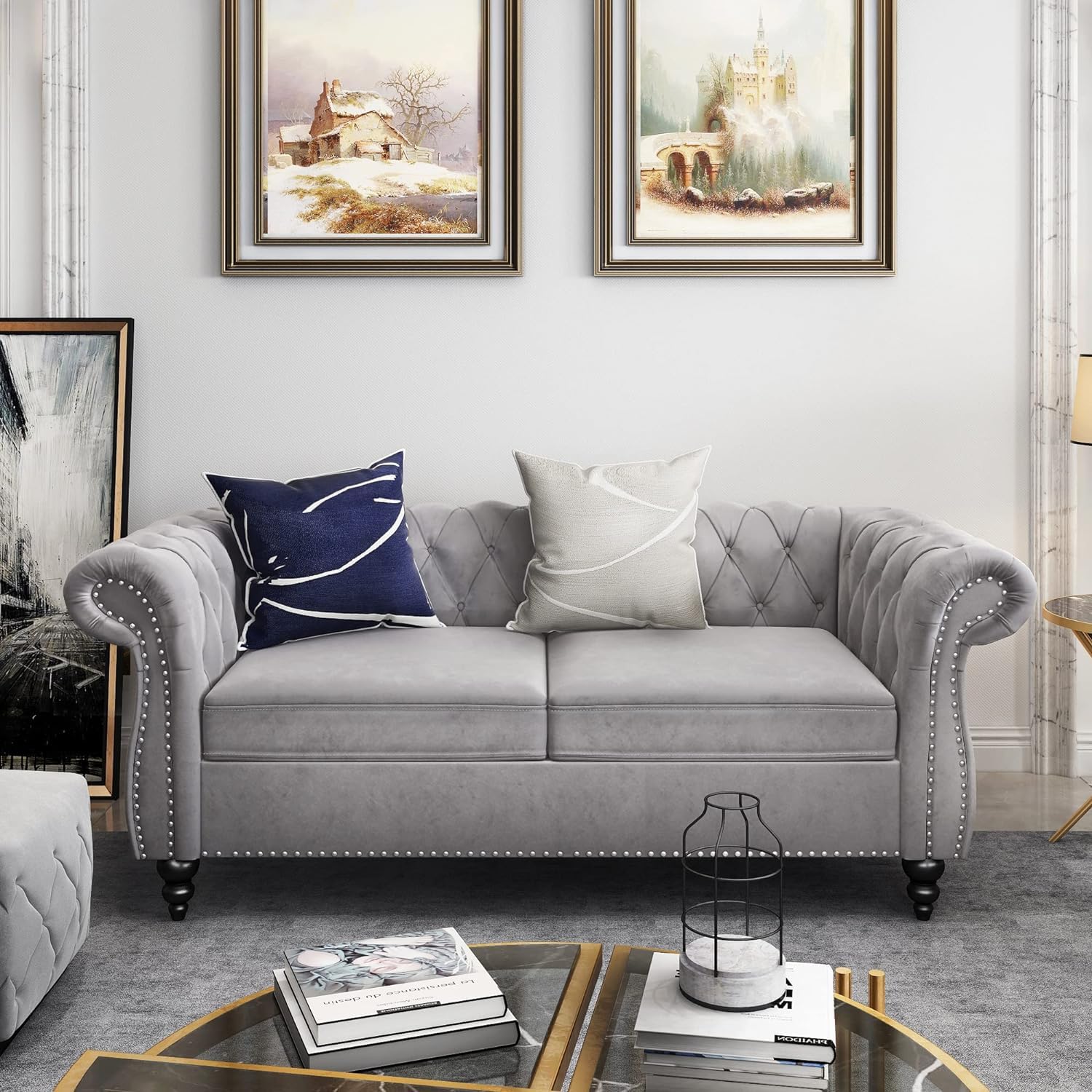 AVZEAR Chesterfield Loveseat Sofa, Upholstered Sofa Modern 2 Seater Couch Sofa Set Style Button Tufted, Mid-Century PU Chesterfield Sofa for Living Room Apartment, PU Black