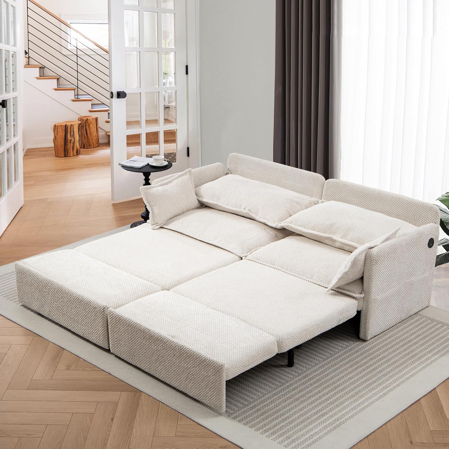 King & Queen Size Pull Out Sofa Bed – Convertible Sleeper Sofa Bed with Cup Holders, USB Ports, Side Pockets, Corduroy Loveseat Couch Chaise Lounge for Living Room, Apartment (Beige, 74")