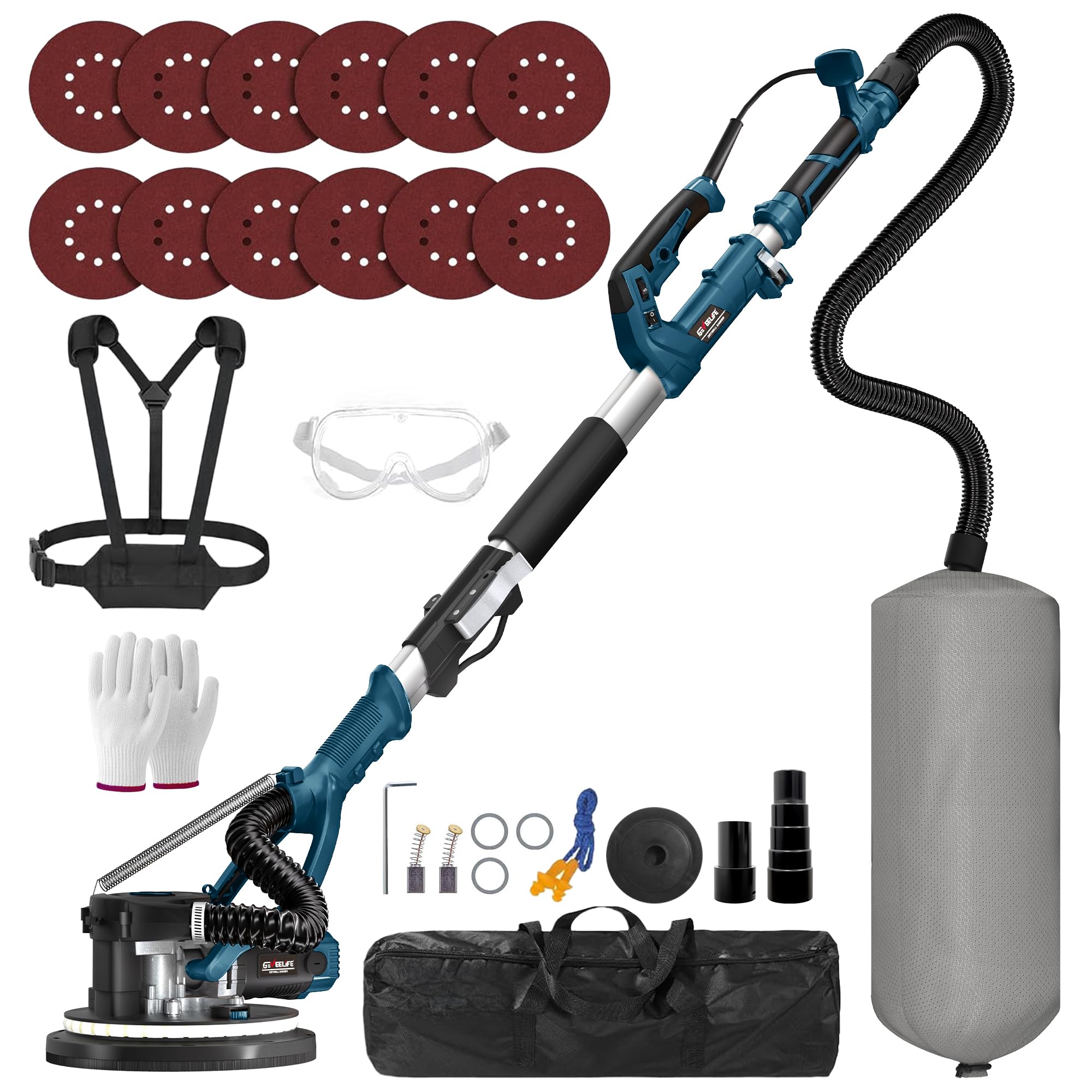 GEVEELIFE Drywall Sander, 880W 7.33A Electric Drywall Sander with Vacuum Dust Collector, 5 Variable Speed 1000-2100RPM, LED Light, Foldable & Extendable Handle, 12 Sanding Discs