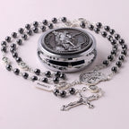 HanlinCC Saint Michael the Archangel Hematite Black Stone Beads Rosary Necklace with Metal Gift Box for Men