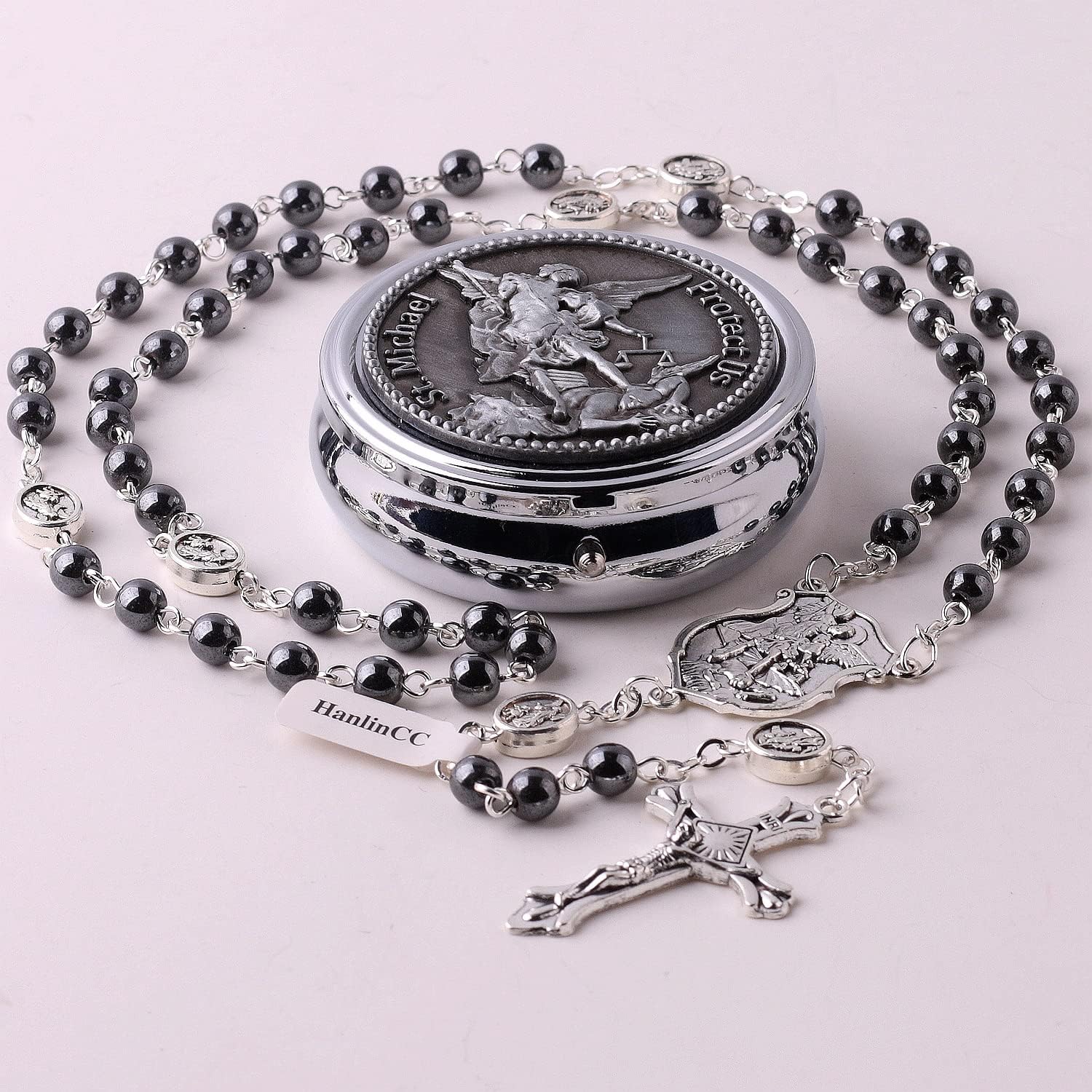 HanlinCC Saint Michael the Archangel Hematite Black Stone Beads Rosary Necklace with Metal Gift Box for Men