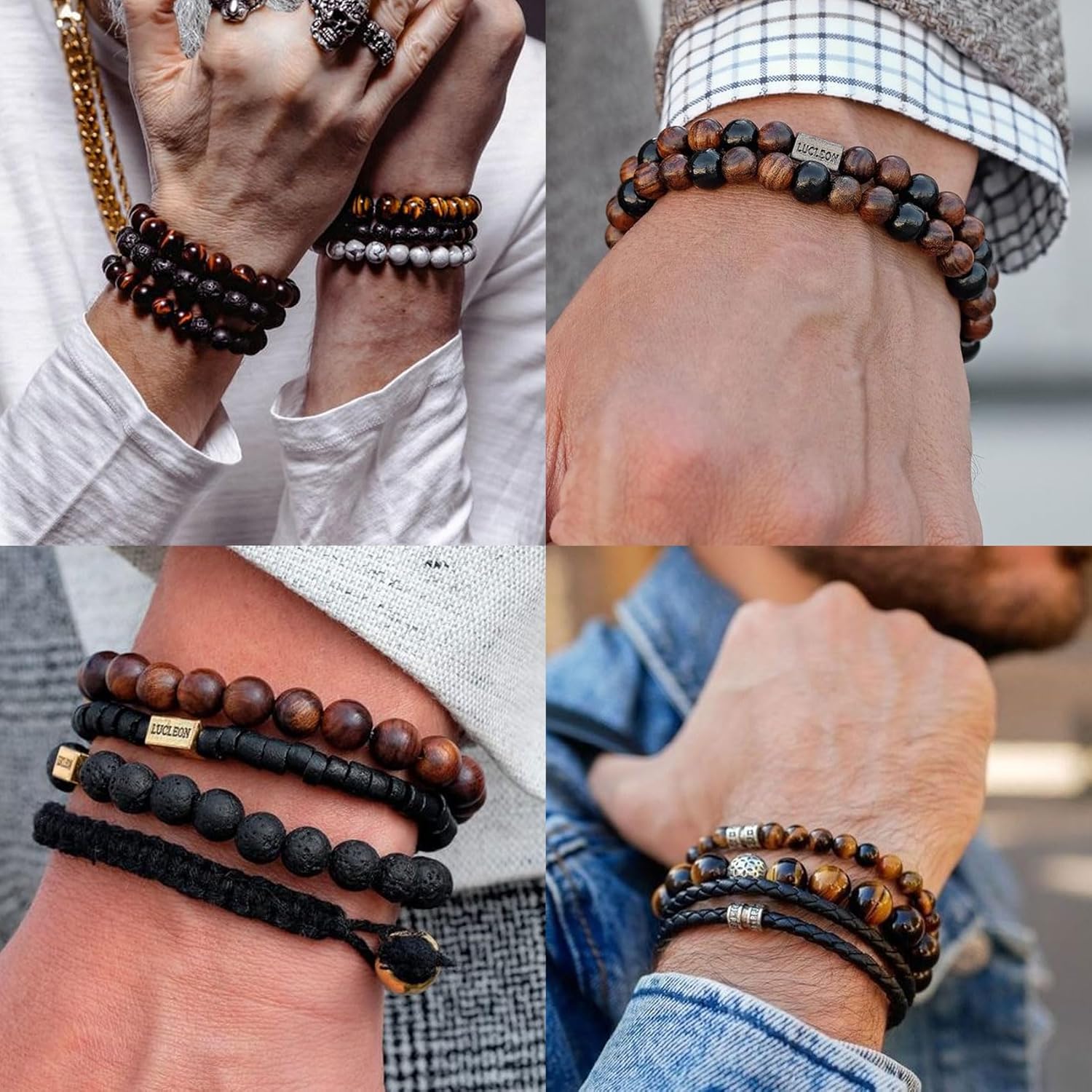 RANKEEF Tiger Eye Bracelet For Men 8MM Natural Stone Stretch Adjustable Black Crystal Beaded Bracelet for Men Women Gifts