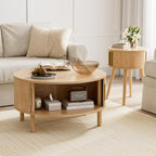 Coffee Table for Living Room, Modern Round Coffee Table with Cabinets & Sliding Doors, Home Small Space, 29.9" Fluted Center Table, Natual