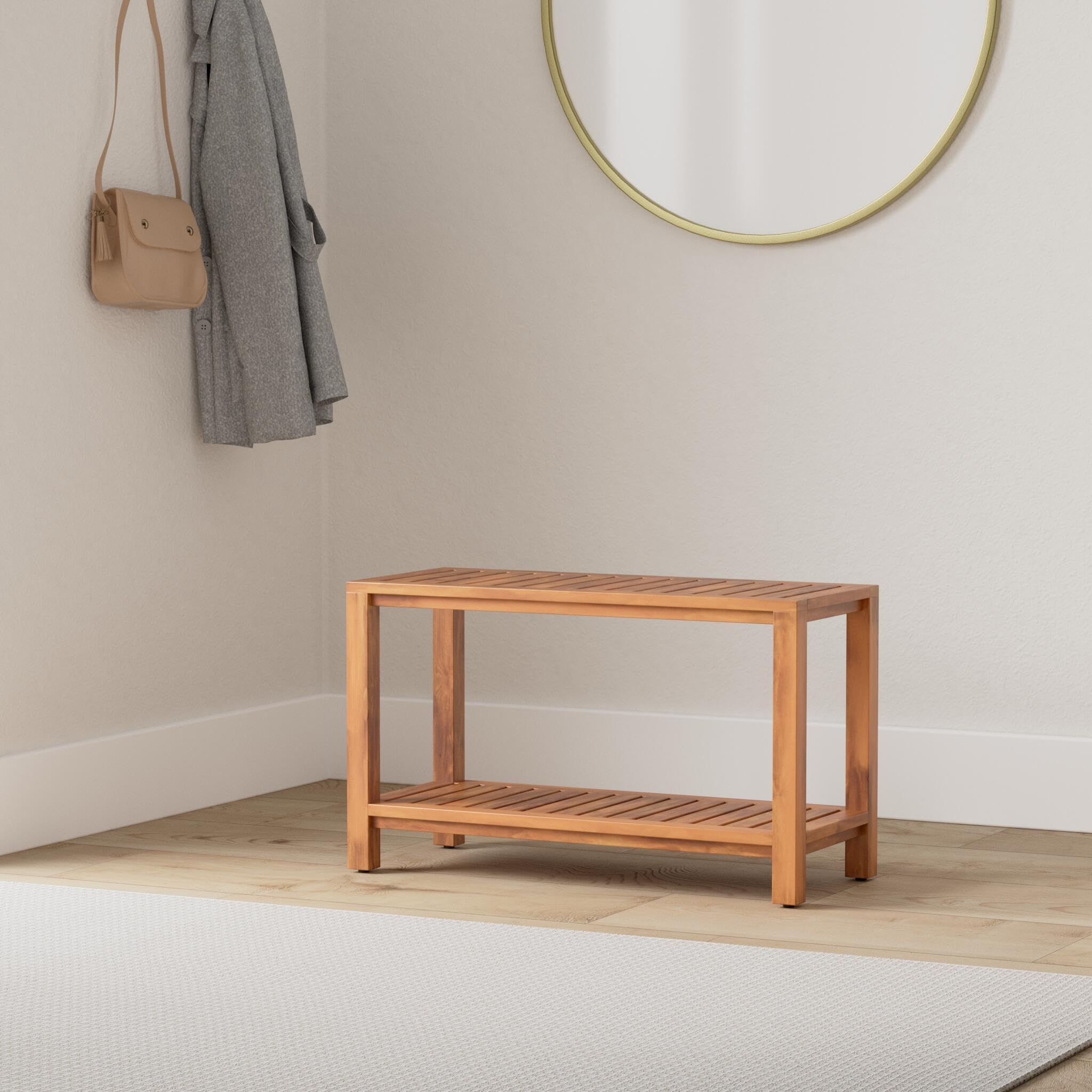 Teak Wood Shower Bench - 30 Inch Fully Assembled Bench with Shelf | Water Resistant, Non-Slip Adjustable Feet for Inside Shower