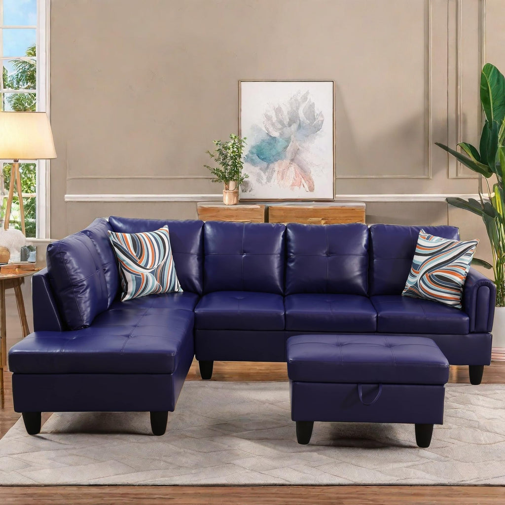 Leather Sectional Couch, Modern L Shaped Couches for Living Room, Comfy 4 Seat Modular Sectional Sofa with Ottoman Storage for Bedroom Apartment, Black