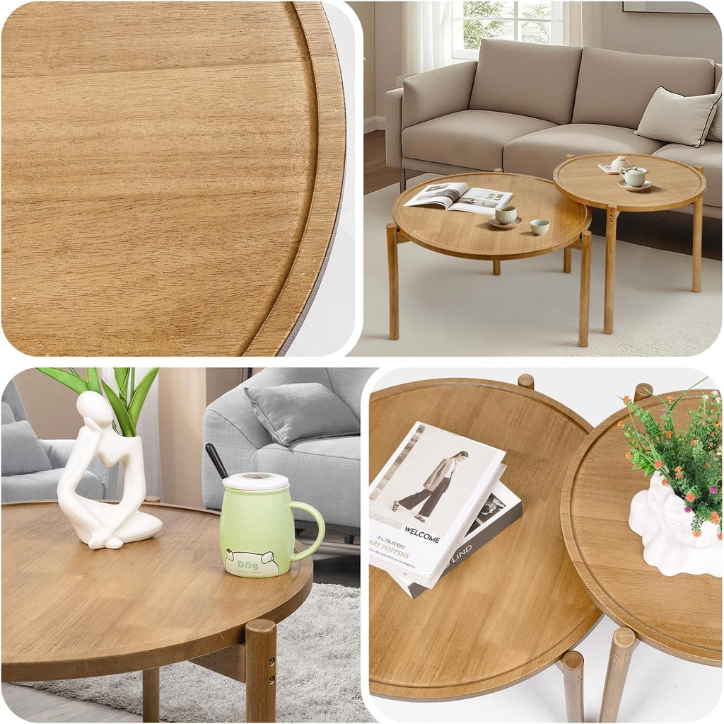 Wooden Round Nesting Coffee Tables Set of 2,Round End Table,Small Nesting Tables,Side Table,for for Living Room Bedroom Balcony by Solid Wood