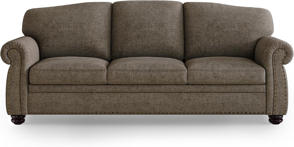 90 Inch Nailhead Trim Couch for Living Room, 23 Inch Deep Seat Rolled Arm Sofa, Comfy Upholstered 3 Seater Chenille Couch w/Wooden Leg, Large Traditional Sofa for Farmhouse, Brown