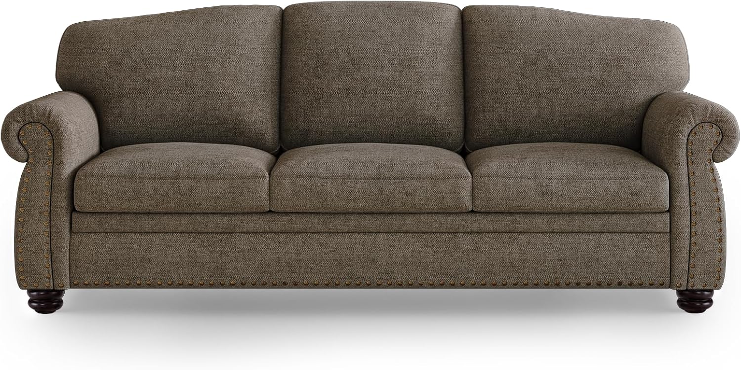 90 Inch Nailhead Trim Couch for Living Room, 23 Inch Deep Seat Rolled Arm Sofa, Comfy Upholstered 3 Seater Chenille Couch w/Wooden Leg, Large Traditional Sofa for Farmhouse, Brown