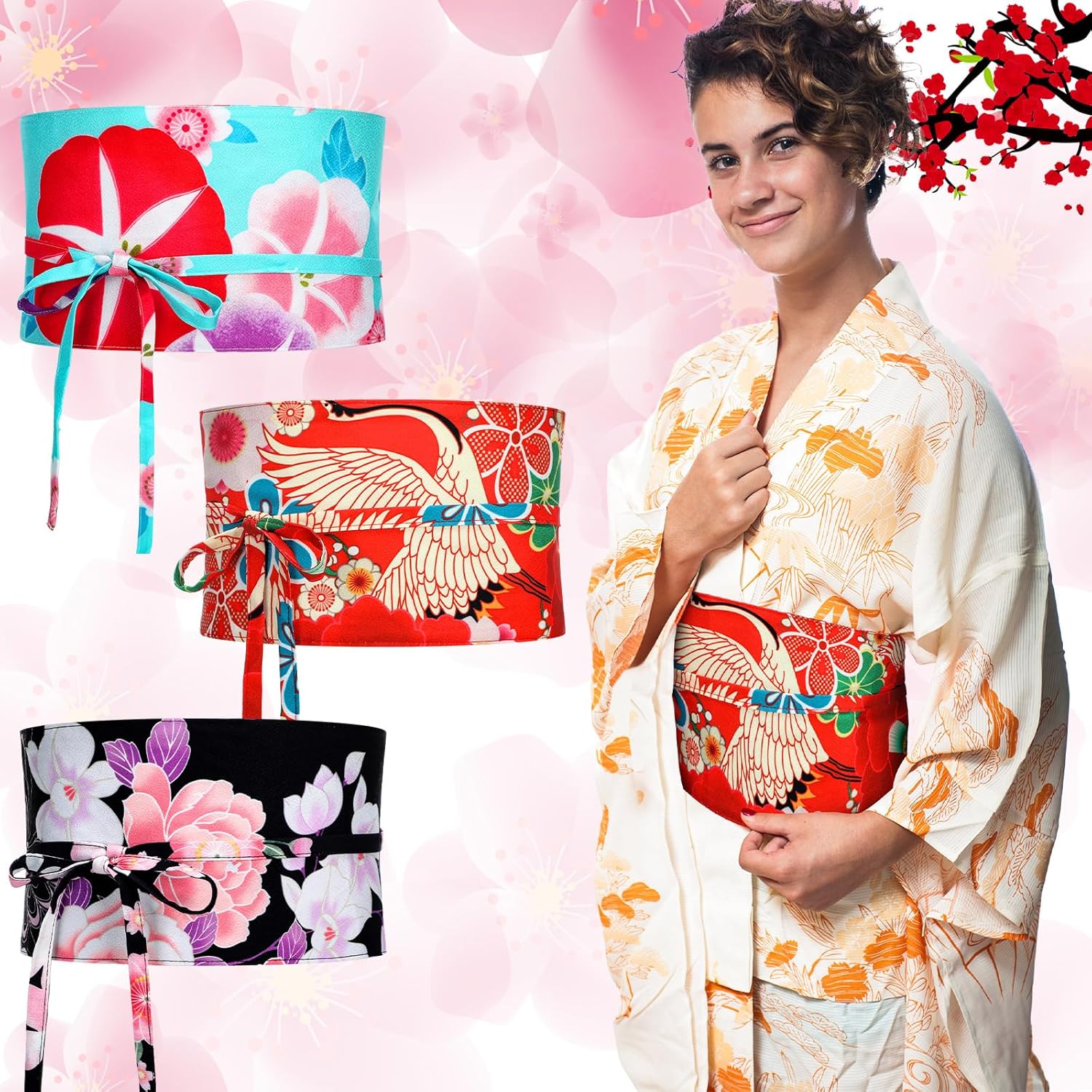 Handepo 3 Pcs Women's Japanese Kimono Robe Obi Belt Kimono Robe Wide Waistband for Japanese Style Robe Accessories