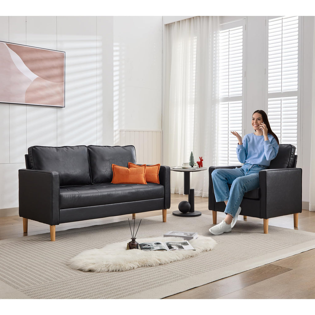 TYBOATLE 57" Small Black Faux Leather Sofa Couches, 3 Piece Living Room Set, Mid-Century Modern Tufted Comfy Loveseat, 2 Seater Office Couch Love Seat for Small Space Bedroom Drom Apartment