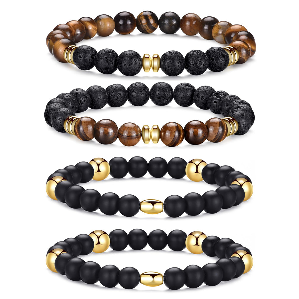 RANKEEF Tiger Eye Bracelet For Men 8MM Natural Stone Stretch Adjustable Black Crystal Beaded Bracelet for Men Women Gifts