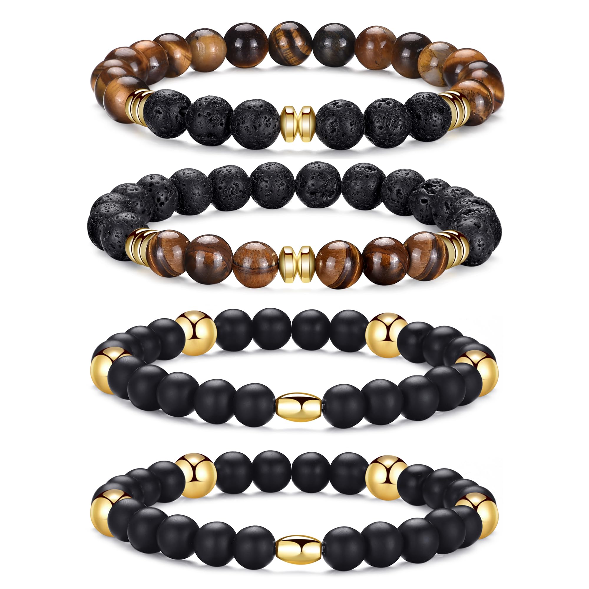 RANKEEF Tiger Eye Bracelet For Men 8MM Natural Stone Stretch Adjustable Black Crystal Beaded Bracelet for Men Women Gifts