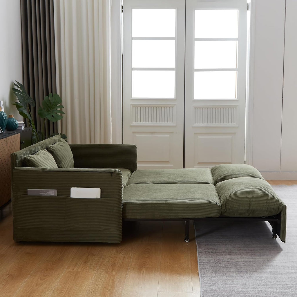 Eafurn 3 in 1 Convertible Pull Out Sleeper Sofa Couch Bed Queen Size, Corduroy Pullout Lounge Loveseat RV Sofa&Couches Sofabed with Soft Pillows Armrest,Side Pockers for Living Room Apartment