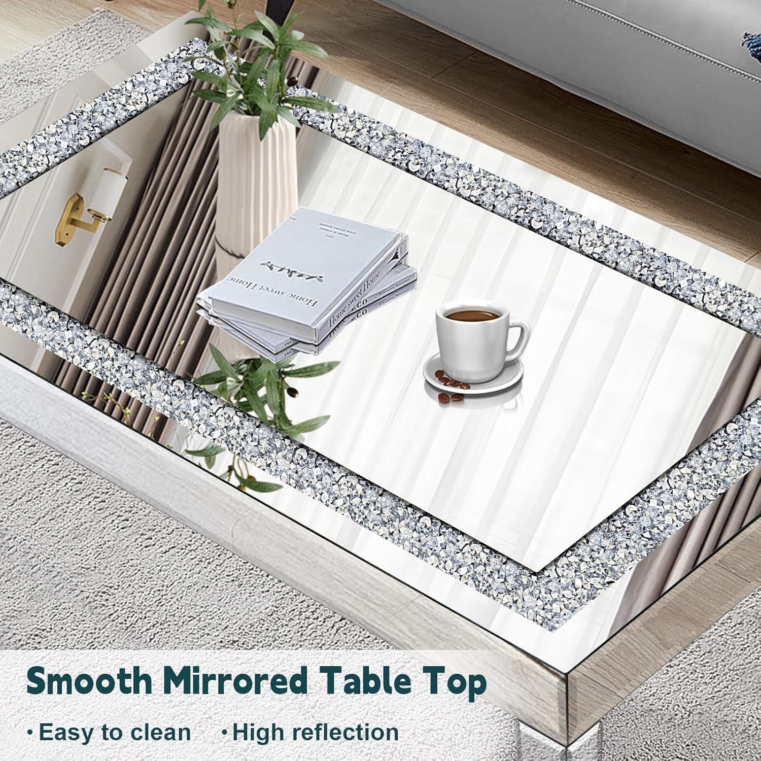 Silver Mirrored Coffee Table with Crystal Inlay, Rectangle Glass Tea Table with Mirrored Finish, Modern Center Table for Living Room and Office (23.6" D x 35.4" W x 17.7" H)