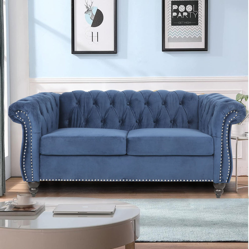LEVNARY Three-Seat Velvet Sofa, Large Sofa Classic Tufted Chesterfield Settee Modern 3 Seater Couch Furniture Tufted Back for Living Room, Blue