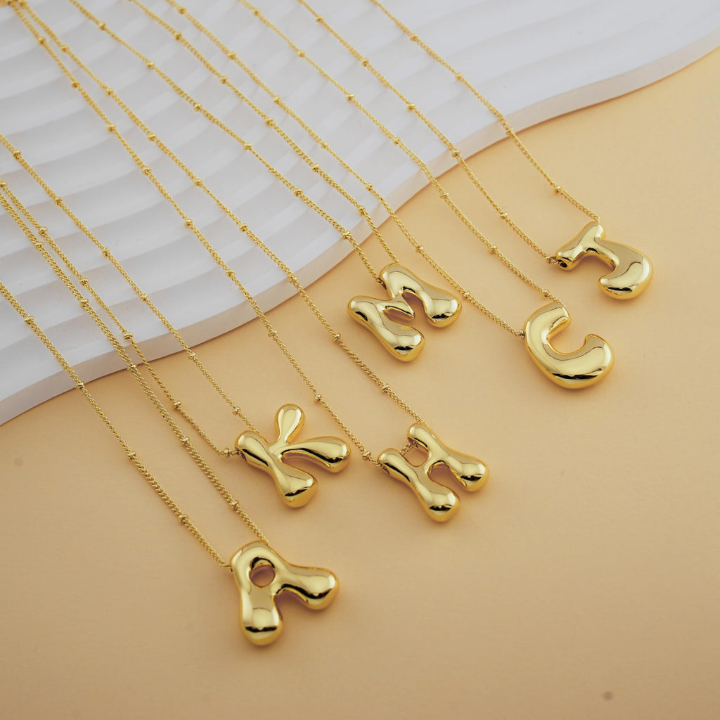 Bheop Gold Bubble Letter Necklace for Women Dainty 14K Gold Plated Balloon Initial Necklaces for Women Trendy Cute Chunky Charm Name Pendant M Necklace Fashion Jewelry Gifts