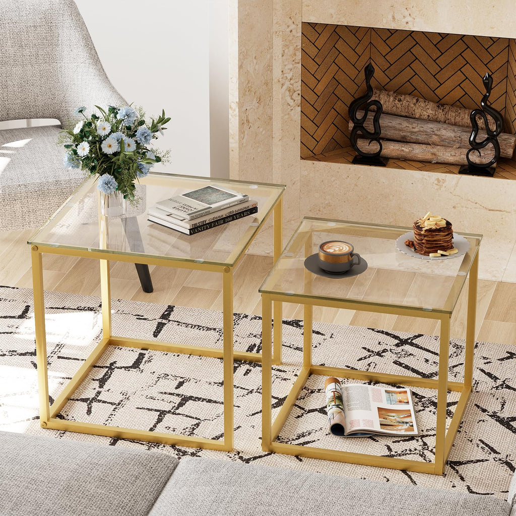 VILAWLENCE Coffee Table Set of 2, Modern Gold Glass Side Table, Metal Frame Square End Table, Center Tables, Nesting Coffee Table for Living Room, Bedroom and Small Spaces, 23.6in
