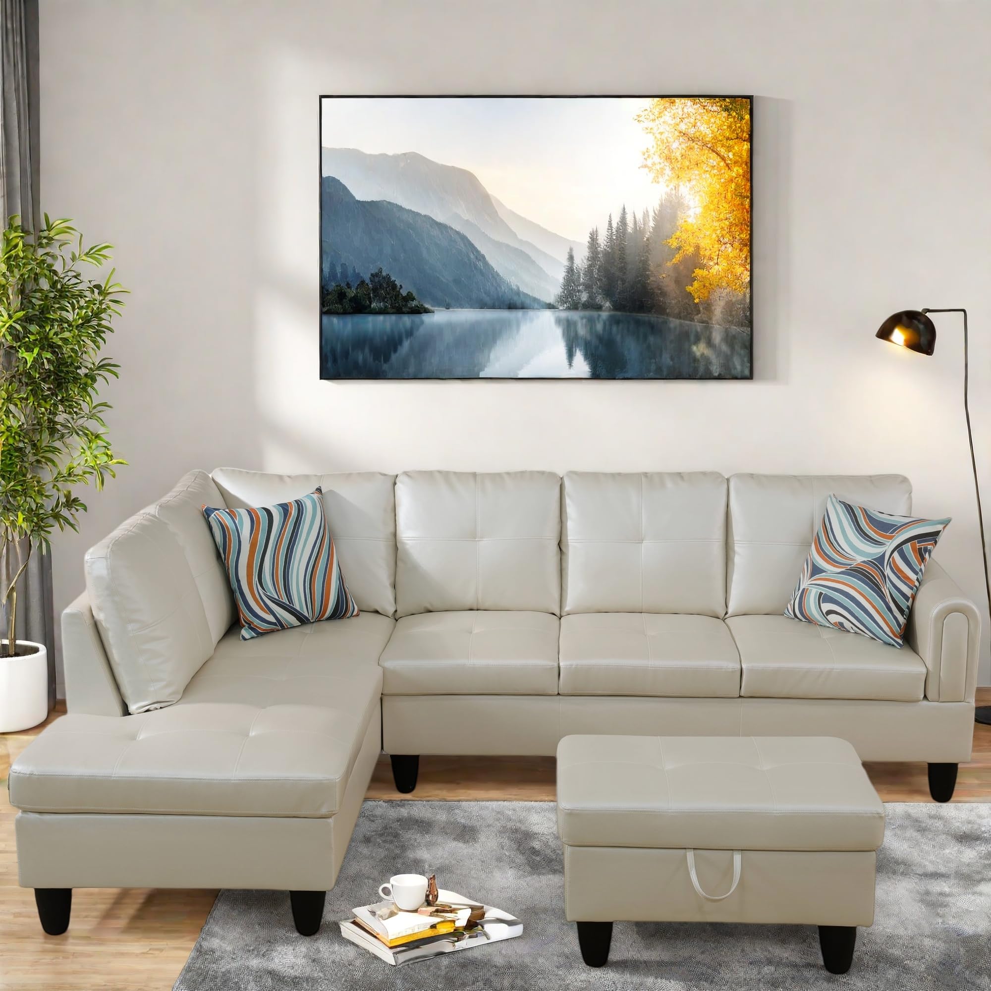 L Shaped Couch, Lounge Sectional Sofa with Chaise for Living Room, 6 Seat Modern Modular Couches with Movable Storage Ottoman, Black Grey