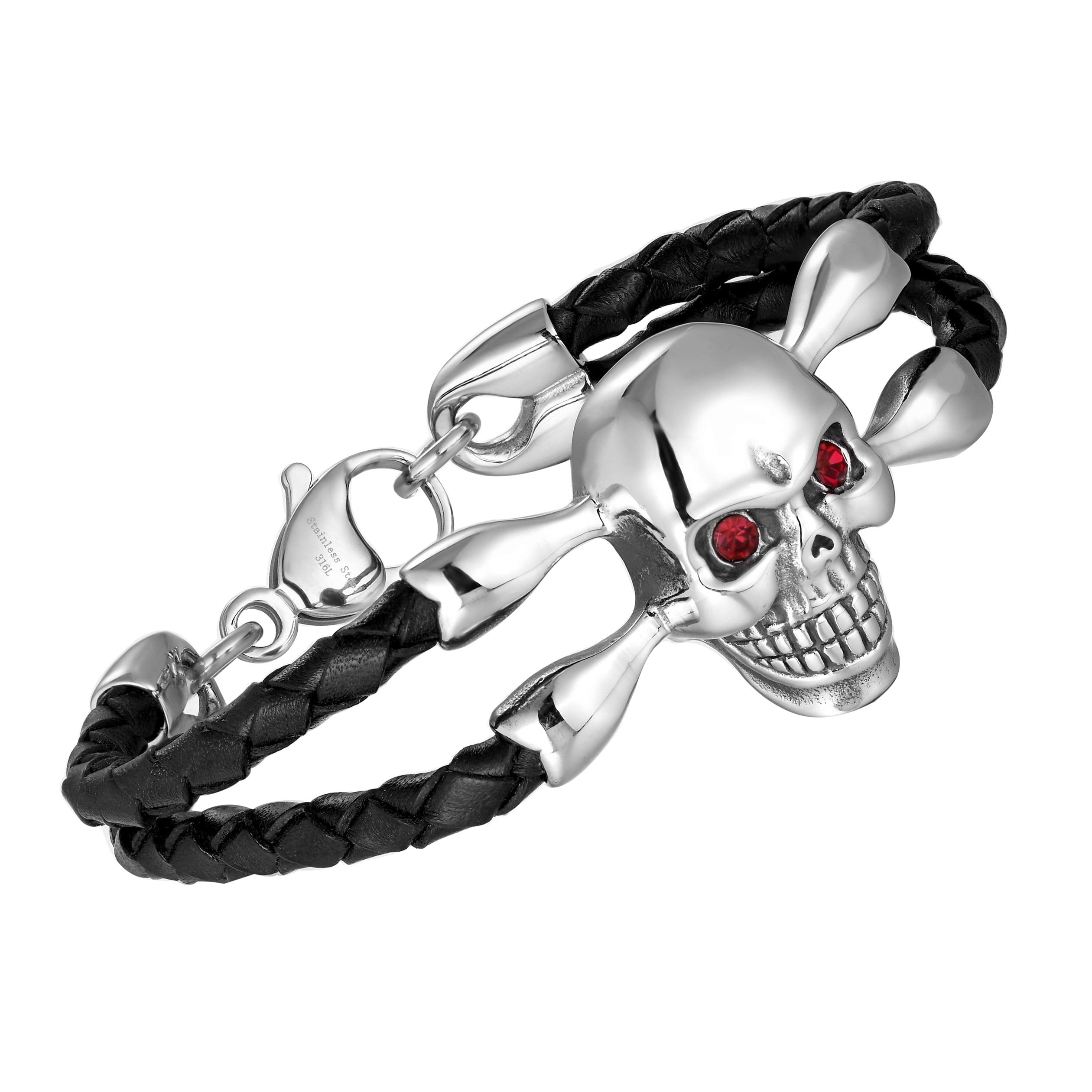 Bold Men’s Biker Bracelet – Skull, Wolf, and Foxtail Chain Designs in Polished Silver & Black Genuine Leather – Rust & Discoloration Resistant Stainless Steel – Jewelry Gift or Accessory for Men