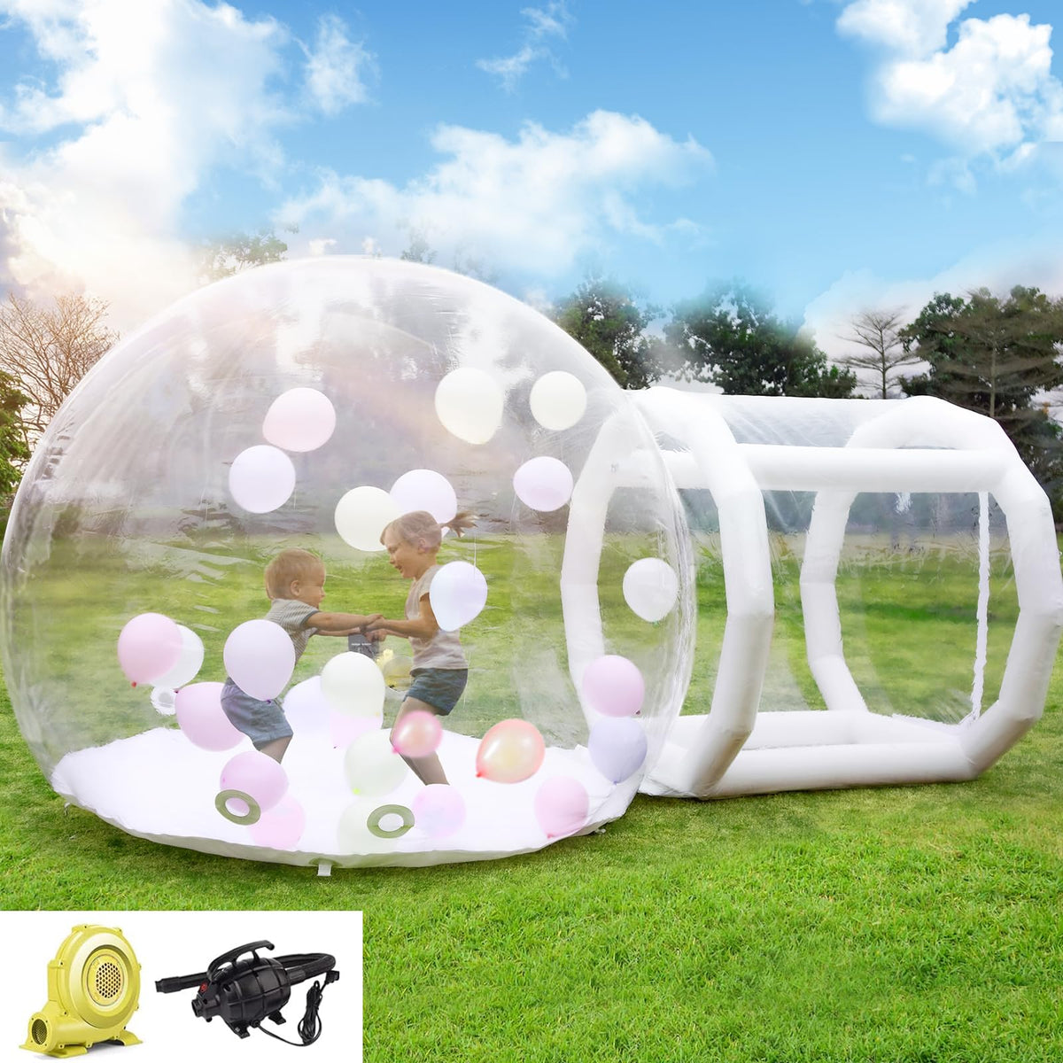 8.2FT-Single Layer Inflatable Bubble House Dome for Kids Clear PVC Balloon House with Tunnel 750W Air Blower and 600W Air Pump Perfect for Parties Yard Decoration and Outdoor Fun - Grand Goldman