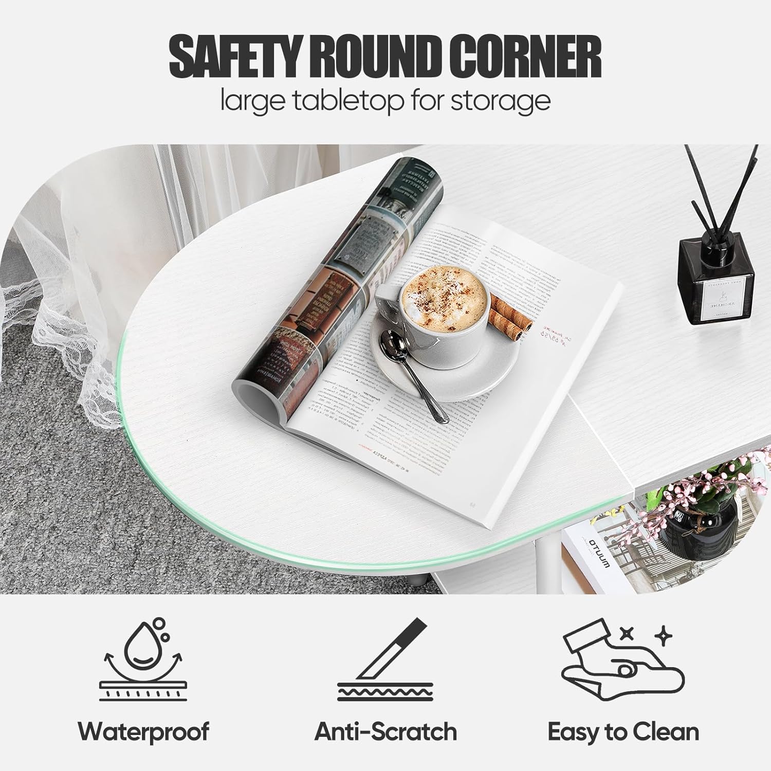 White Coffee Tables for Living Room,Mid Century Oval Center Table with Storage Shelf and Wood Tabletop,2-Tier Modern Narrow Cocktail Tea Table for Small Space,Small Apartment