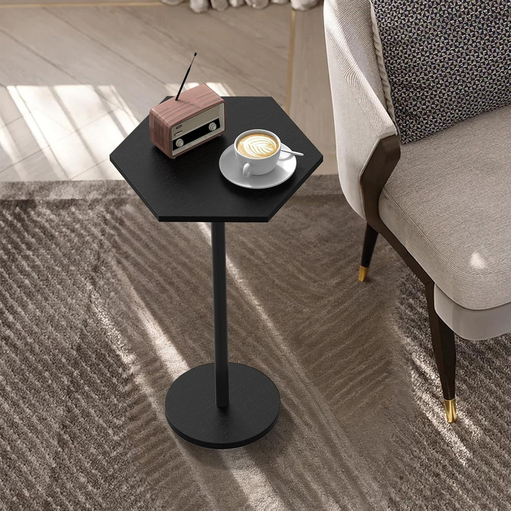 Drink Tables for Small Spaces, Black Pedestal Side Table for Couch, Modern Cocktail Martini Table, Hexagon Small Pedestal Coffee End Table for Living Room Bedroom Patio