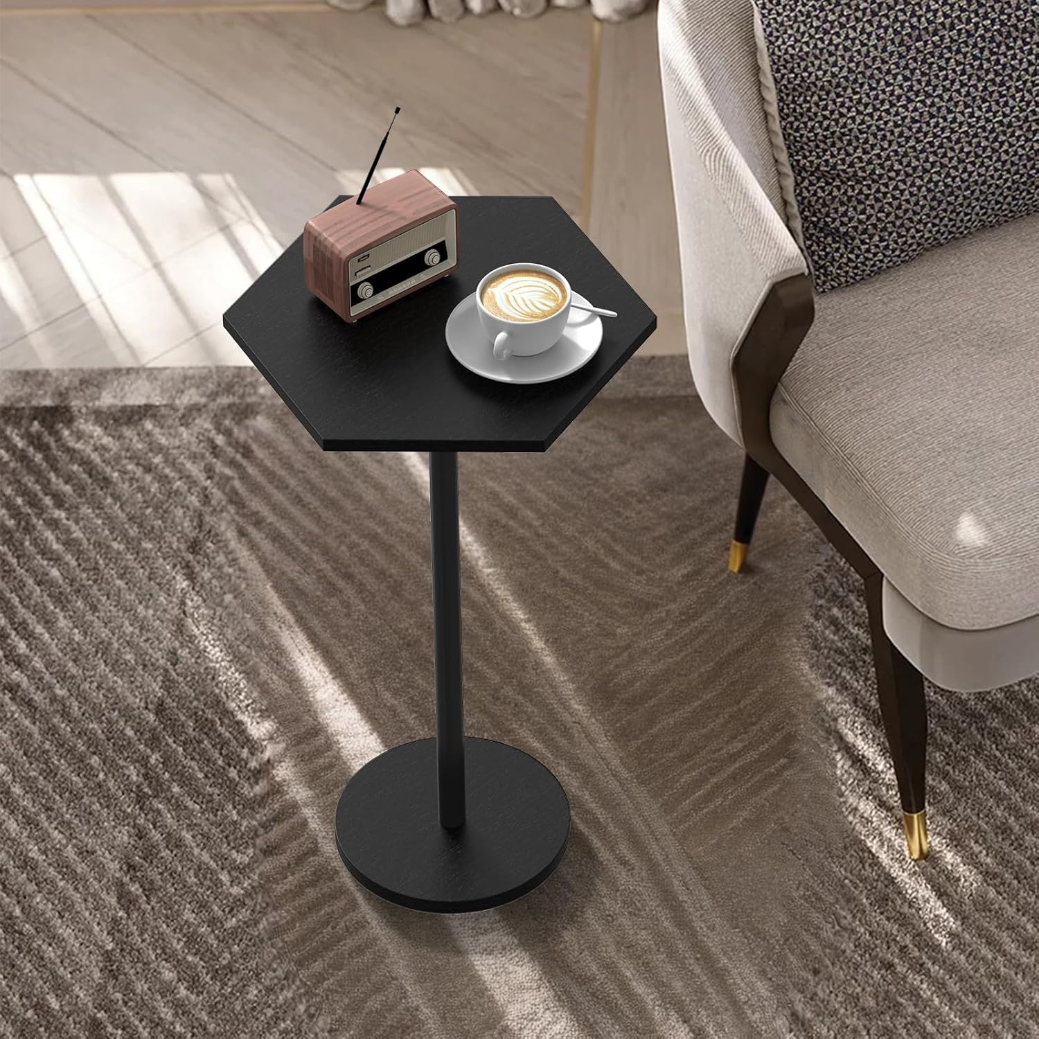 Drink Tables for Small Spaces, Black Pedestal Side Table for Couch, Modern Cocktail Martini Table, Hexagon Small Pedestal Coffee End Table for Living Room Bedroom Patio