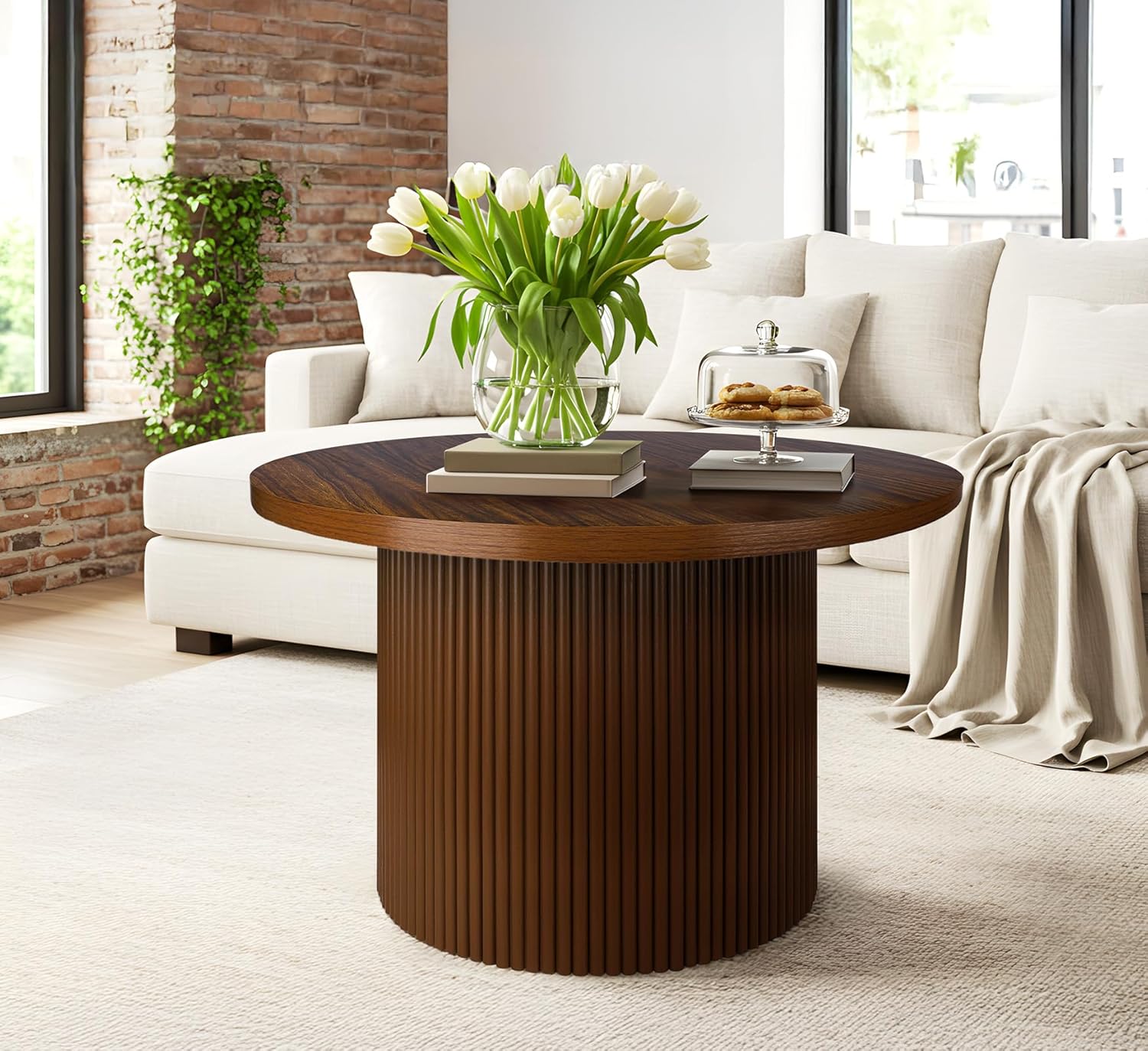 Round 31.5“ Unique Fluted Coffee Table,Small Brown Wood Tea Table,Mid Century Modern Boho Circle Rustic Center Table for Living Room