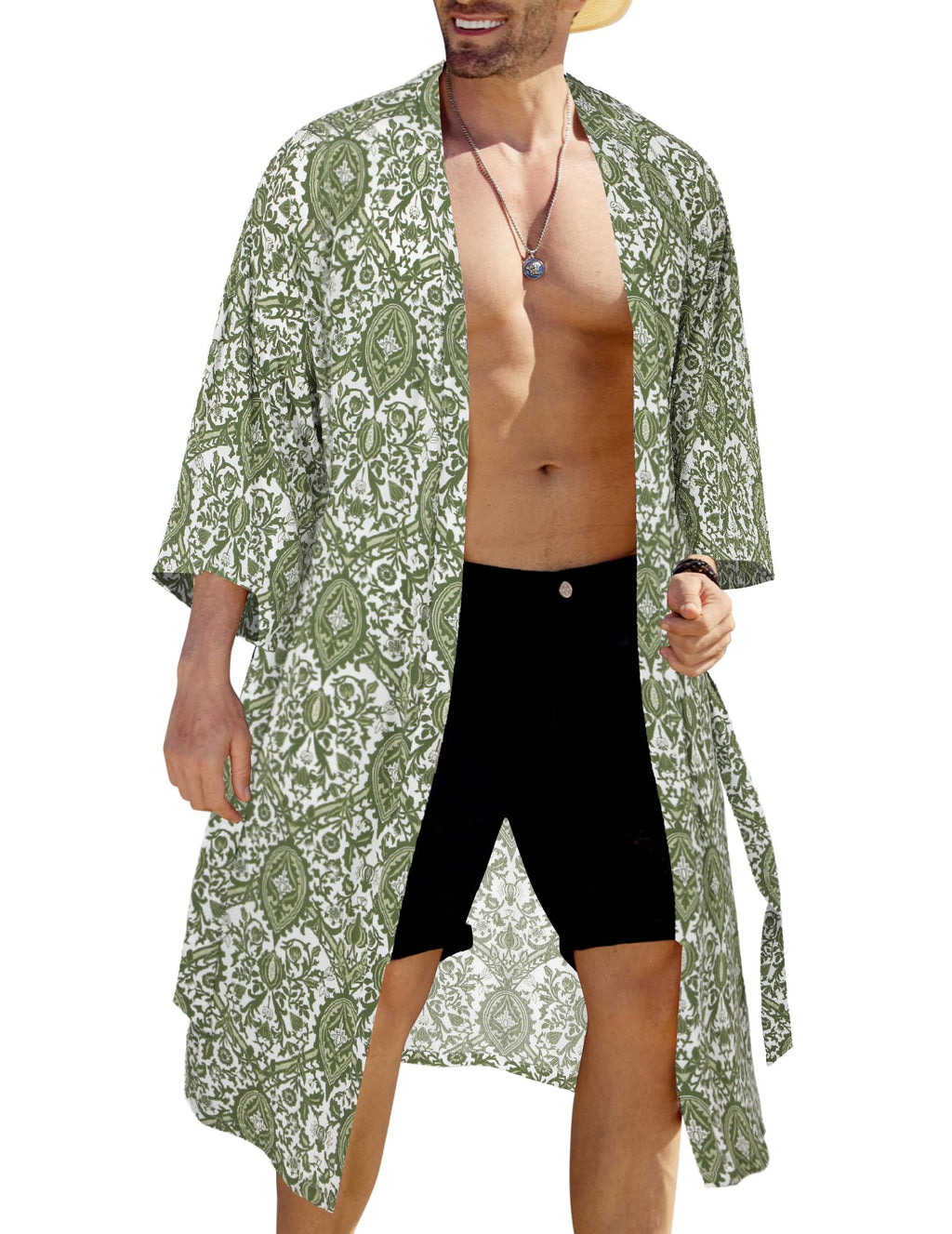COOFANDY Men's Lightweight Kimono Robe Japanese Bathrobes Open Front Long Cardigan Cloak with Belt