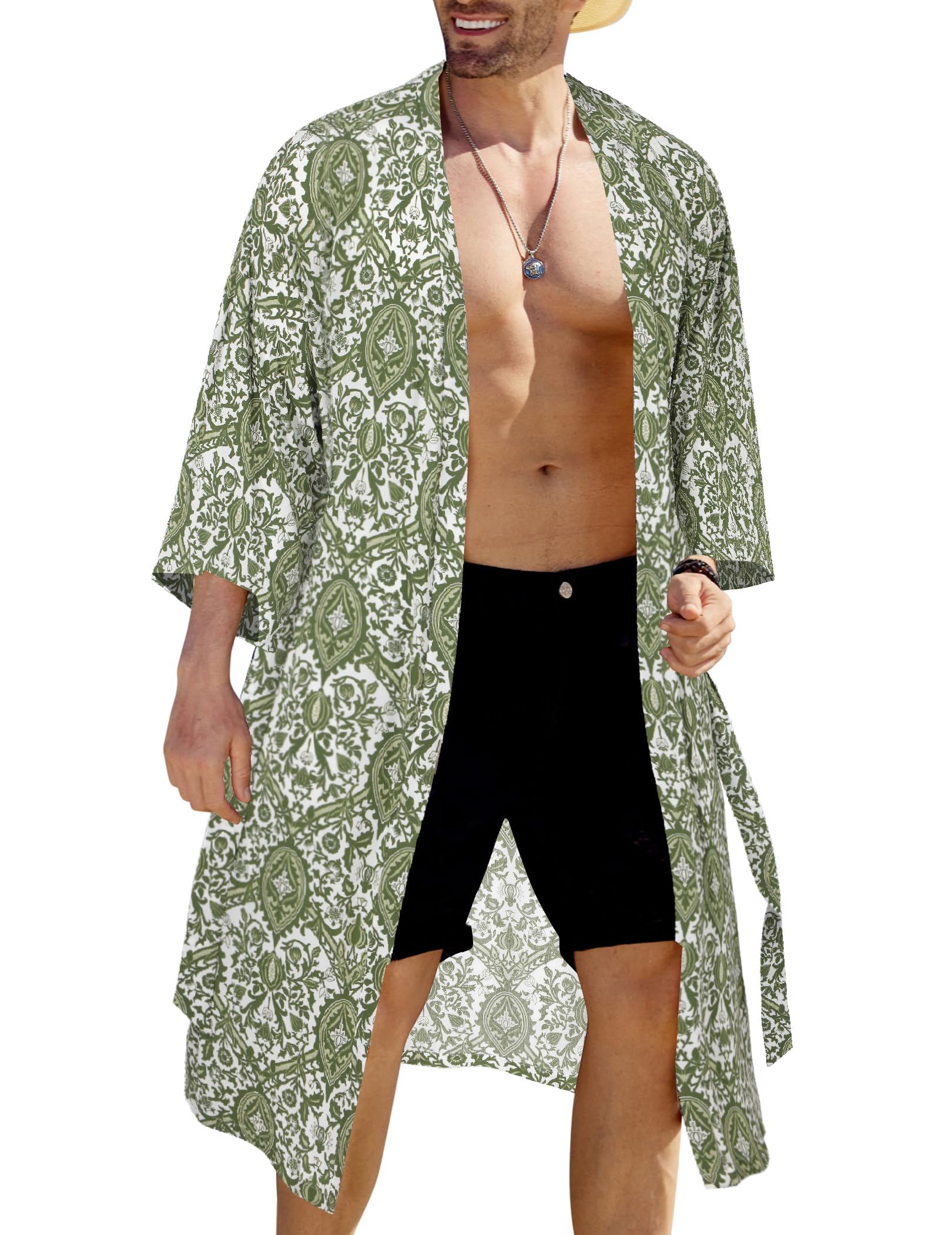 COOFANDY Men's Lightweight Kimono Robe Japanese Bathrobes Open Front Long Cardigan Cloak with Belt