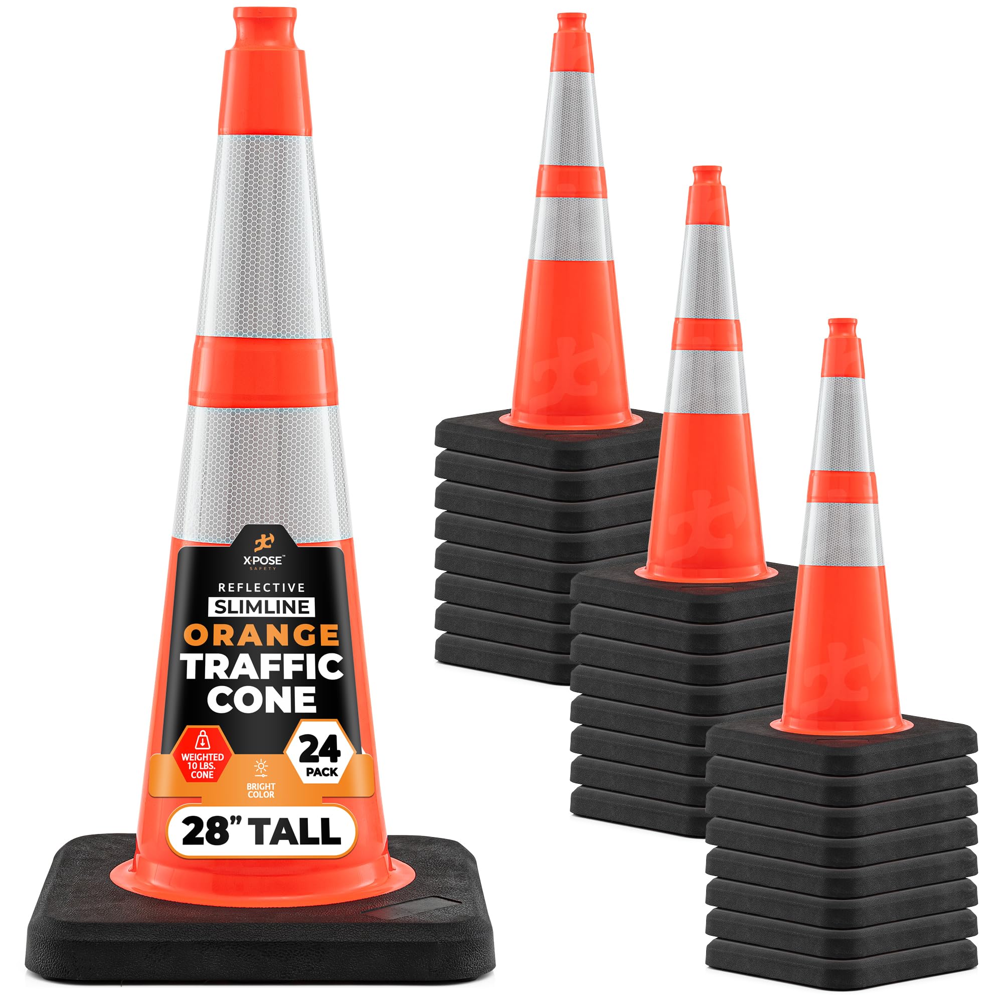 Xpose Safety 28 Inch Orange Slim Line Traffic Cones with 6" & 4" Collars, 24 Pack Multipurpose PVC Plastic Safety Cone for Parking, Soccer, Caution, Kids & Construction - DOT Approved