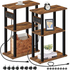 TUTOTAK Small Narrow Side Table with Charging Station, Skinny End Table for Small Spaces, Slim Nightstand with USB Ports and Outlet, Sofa Beside Table with Wheels, Brown TB01BB046