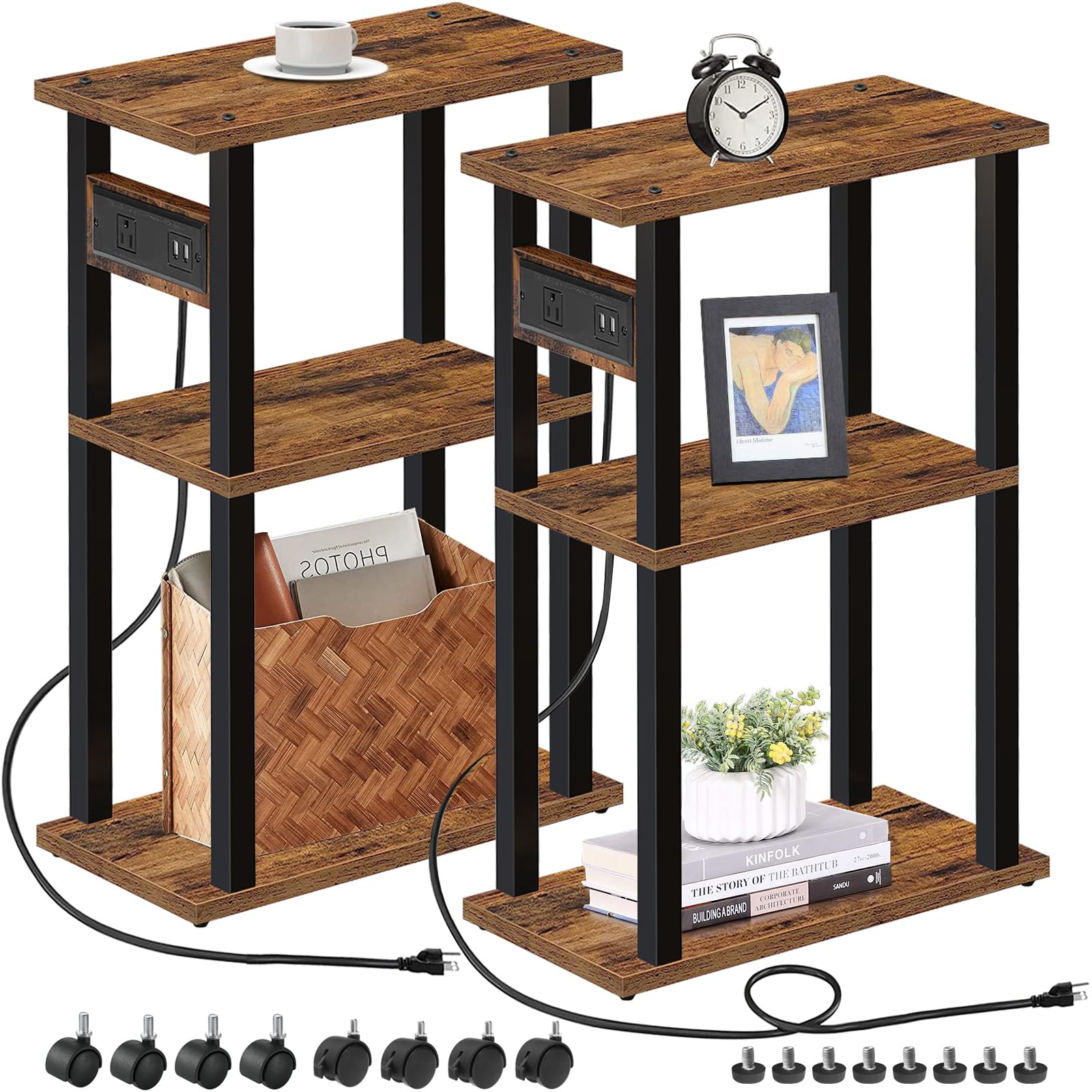 TUTOTAK Small Narrow Side Table with Charging Station, Skinny End Table for Small Spaces, Slim Nightstand with USB Ports and Outlet, Sofa Beside Table with Wheels, Brown TB01BB046