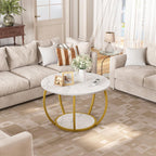 GreenForest Round Coffee Table with Storage, 27.6 inch Small Living Room Tables with Adjustable Feet, 2-Tier Farmhouse Center Table for Home Office, Marble