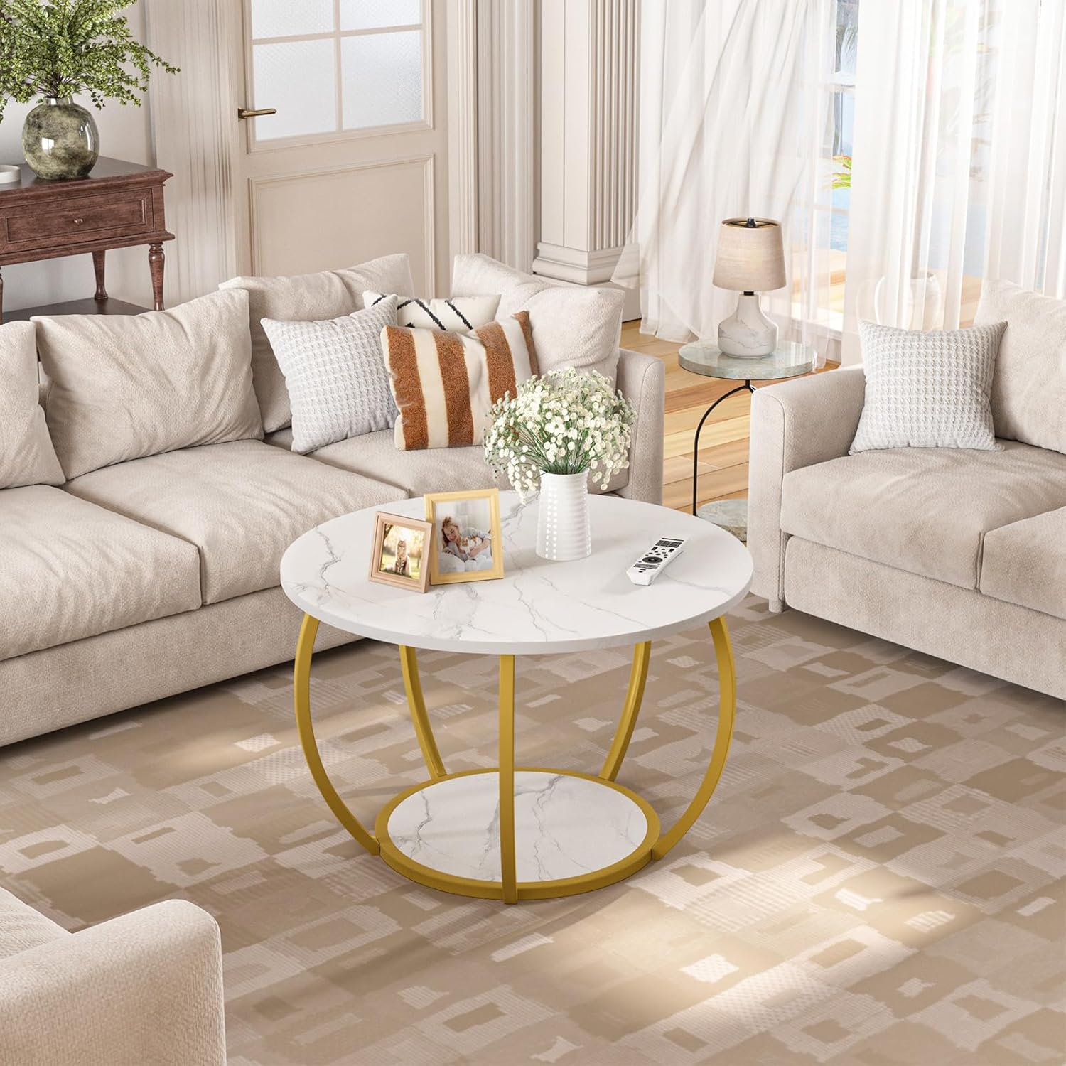 GreenForest Round Coffee Table with Storage, 27.6 inch Small Living Room Tables with Adjustable Feet, 2-Tier Farmhouse Center Table for Home Office, Marble