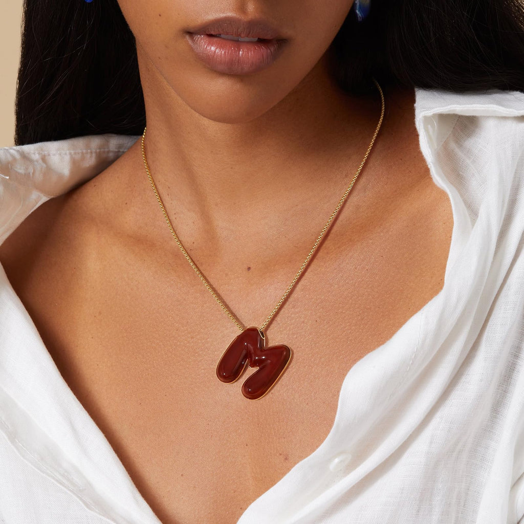 KissYan Bubble Letter Necklace, 14K Gold Plated Enamel Initial Pendant Box Chain Necklace Dainty Alphabet Jewelry for Women(Red M) - Grand Goldman