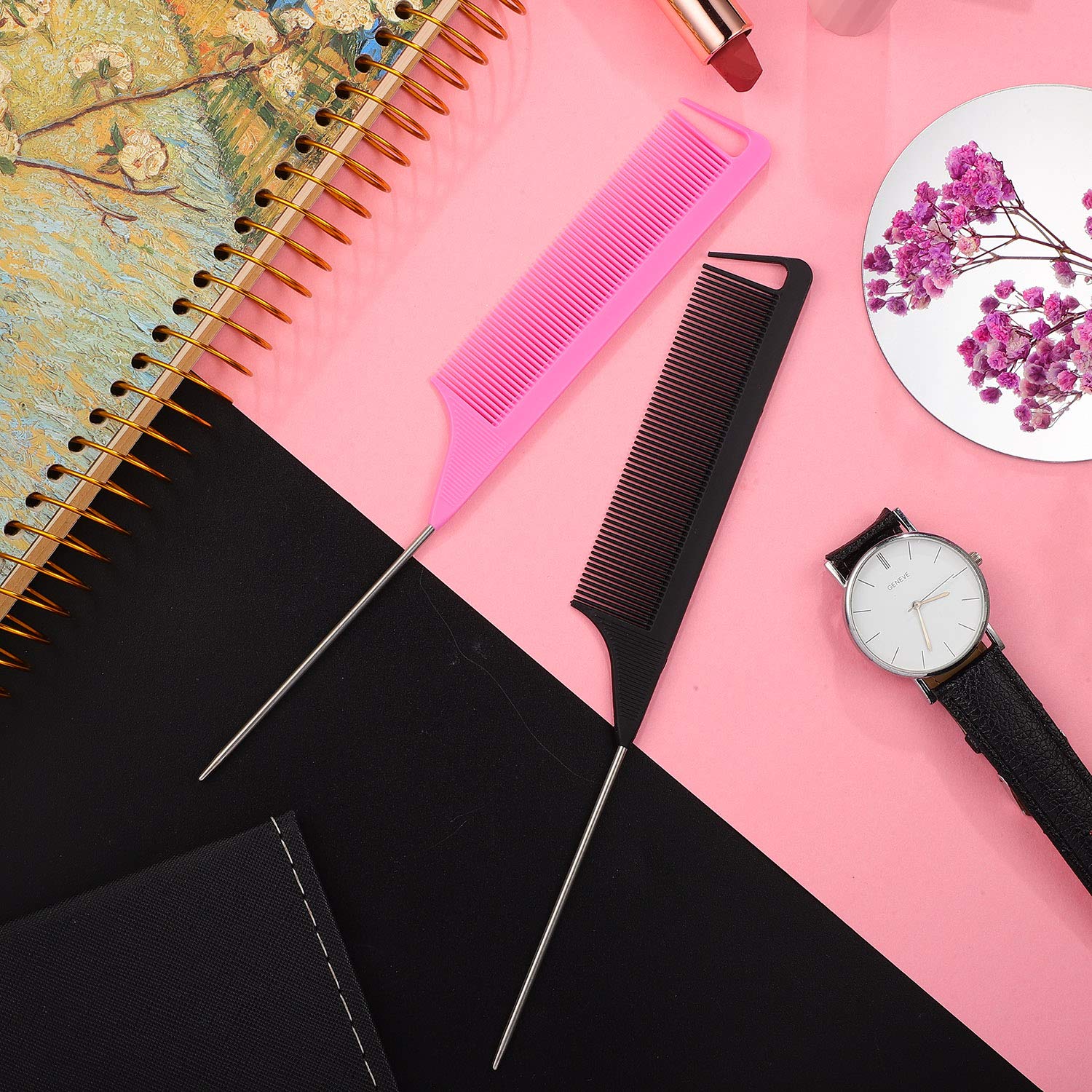 18 Pieces Parting Comb for Braids, Rat Tail Teasing Stainless Steel Pintail Comb for Hair Cutting Hair Styling Hairdressing (Black, Pink)