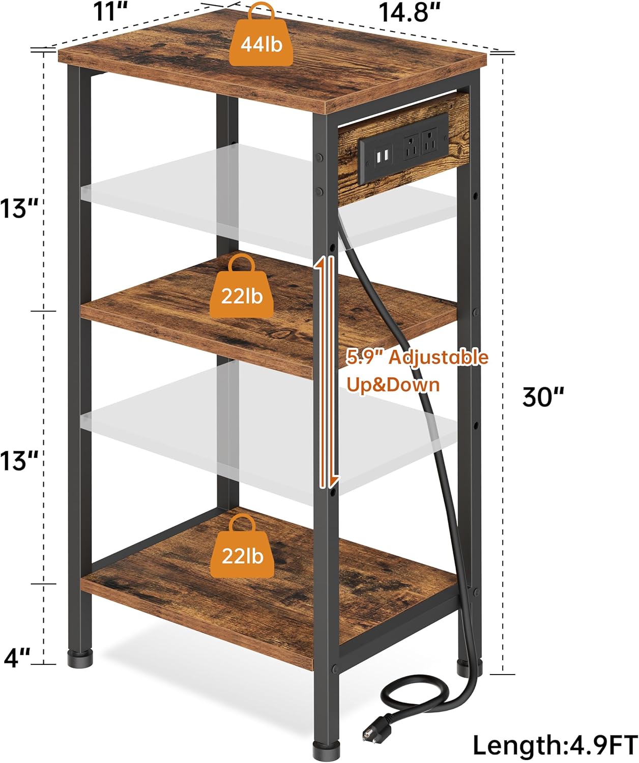 Tall End Table with Charging Station, 3 Tier Narrow Tall Nightstand with Storage, Slim Side Table with USB Ports and Outlets for Bedroom, Living Room, Office, Rustic Brown and Black